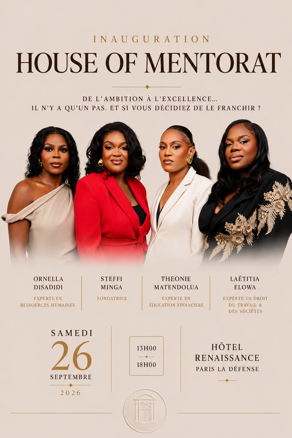 Affiche de l'Inauguration House of Mentorat, samedi 26 septembre 2026 — avec Steffi Minga, Ornella Disadidi, Théonie Matendolua et Laëtitia Elowa